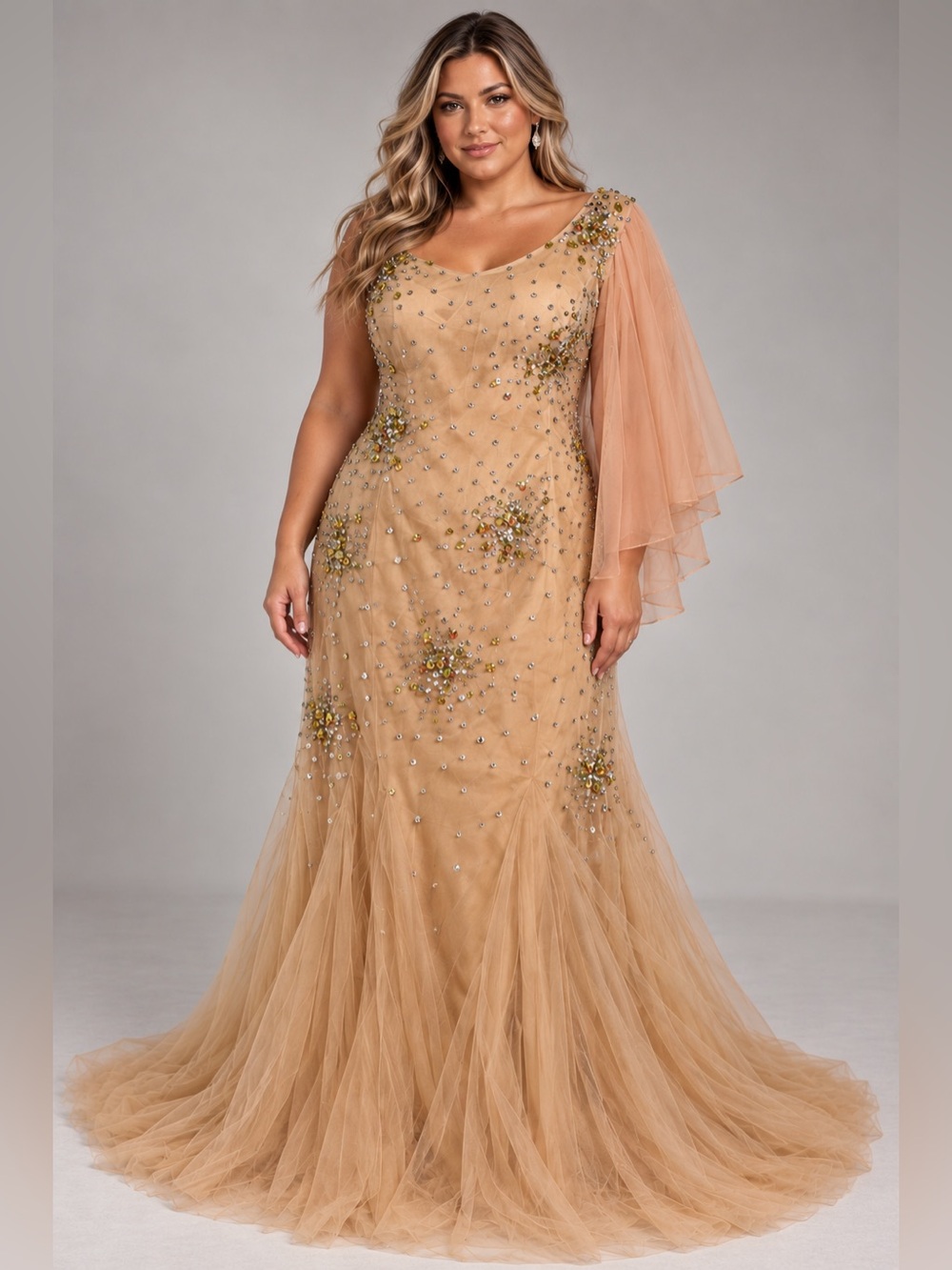NWT Colors Couture Crystal Beaded One Shoulder Mermaid Cape Sleeve Gown 20